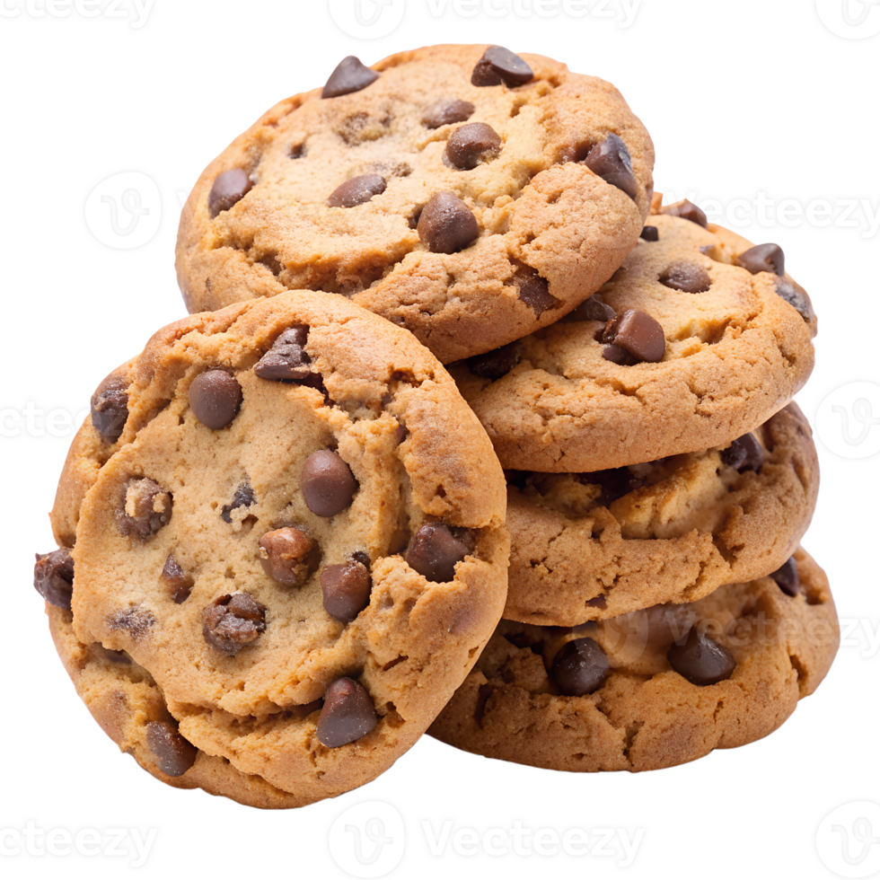 A stack of delicious chocolate chip cookies, fresh and ready to eat, perfect for any dessert lover or sweet tooth. png