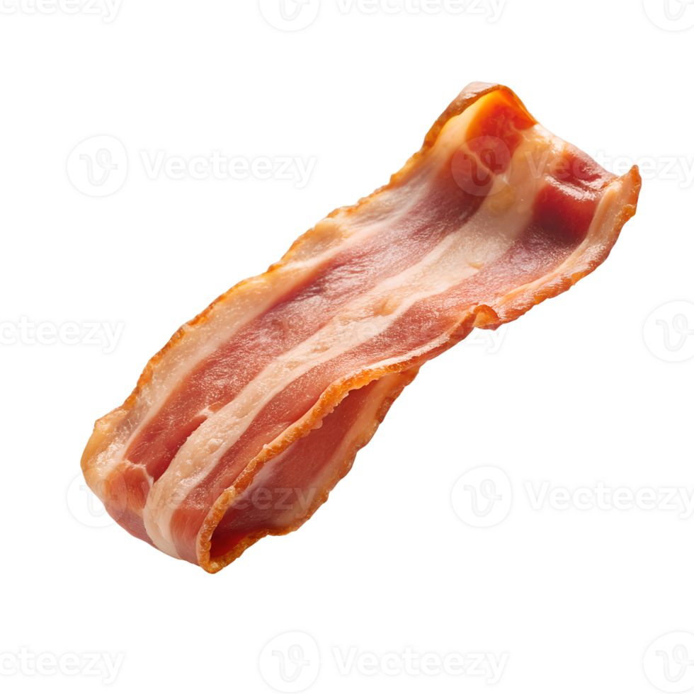 Close-up of a single bacon strip isolated on a white background, showcasing its marbled layers of fat and muscle, ready for cooking. png