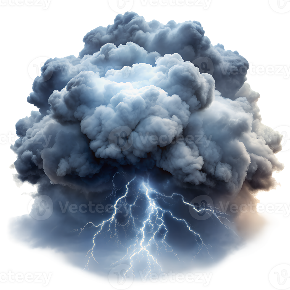 Dynamic illustration of a lightning storm within a dense cloud formation, showcasing powerful weather elements. png