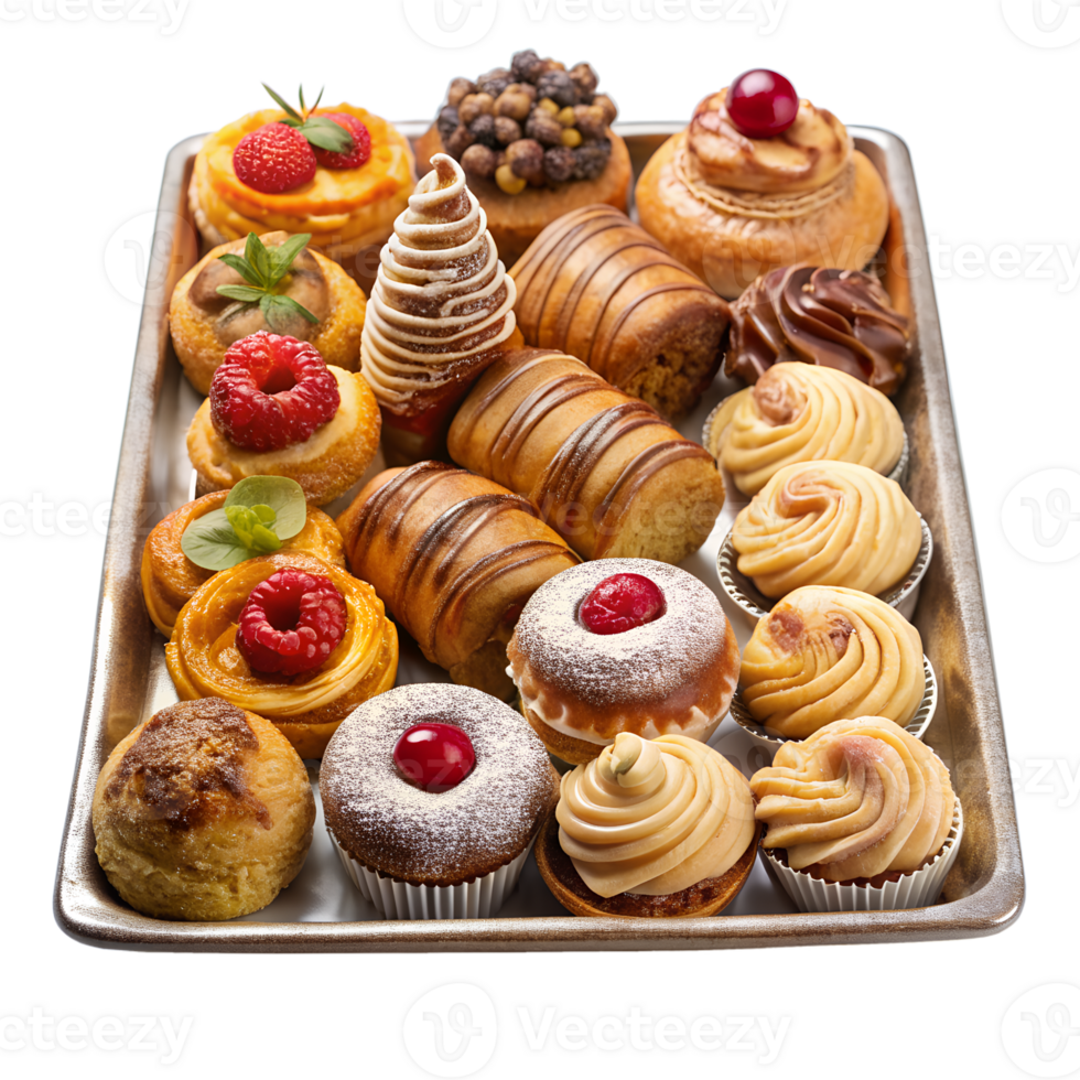 A tray filled with a variety of delicious pastries including cream puffs, tarts, eclairs, and cupcakes, garnished with fruits and chocolate. png