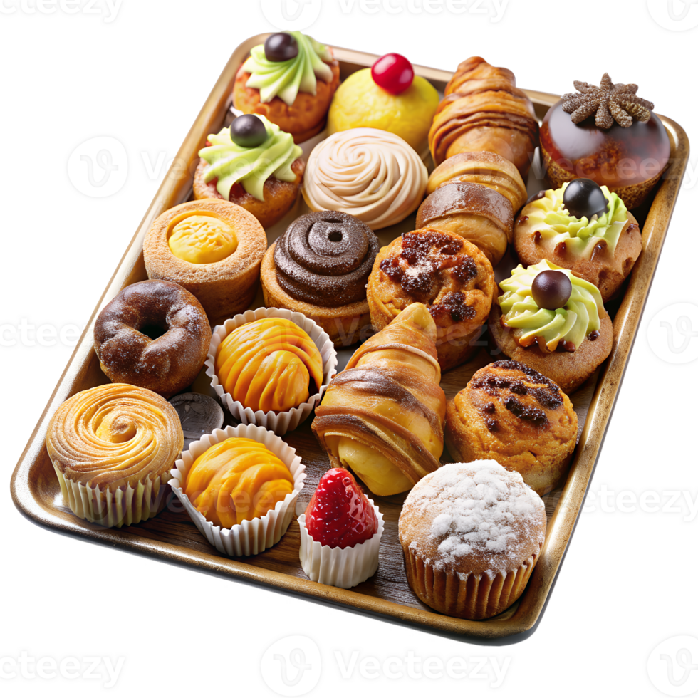 A delicious variety of freshly baked pastries, including croissants, muffins, and tarts, beautifully displayed on a wooden tray. png