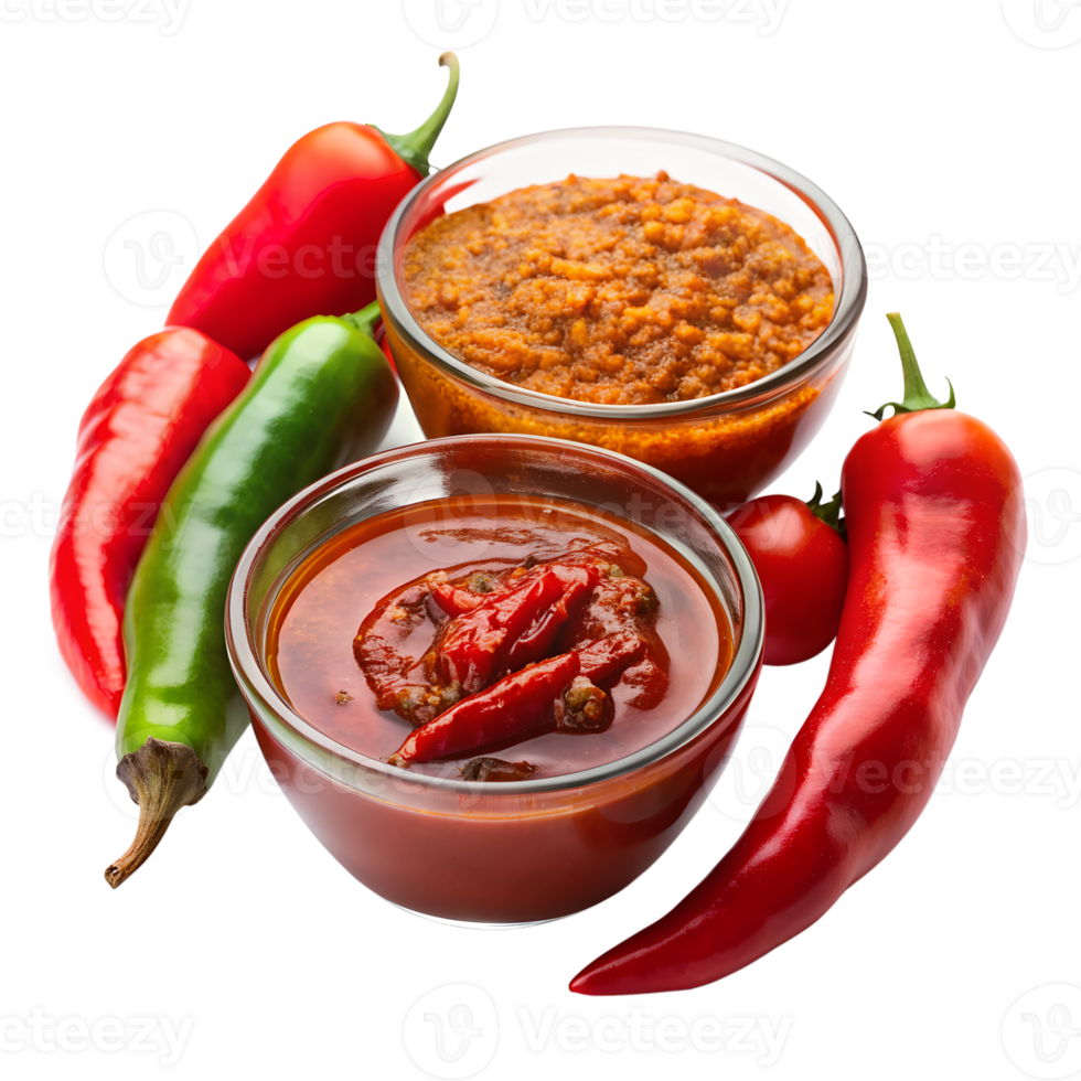 Fresh chili peppers and spicy sauces in bowls on a white background. Perfect for cooking and food-related projects. png