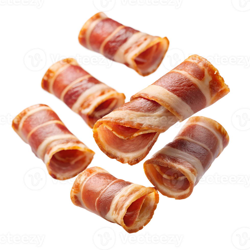Crispy rolled bacon strips isolated on white background, showcasing a savory snack perfect for breakfast or garnish in various dishes. png