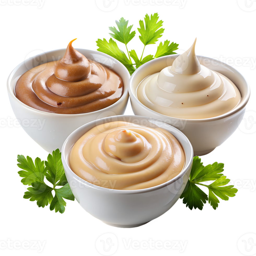 Assorted creamy sauces in white bowls with parsley garnish in the background. Perfect for culinary and food-related themes. png