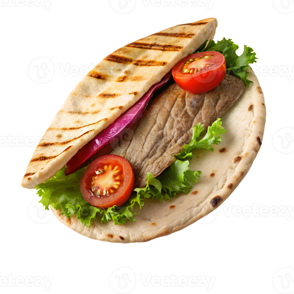 Delicious pita sandwich with grilled meat, fresh lettuce, tomato and onion, ideal for lunch or a healthy snack. png
