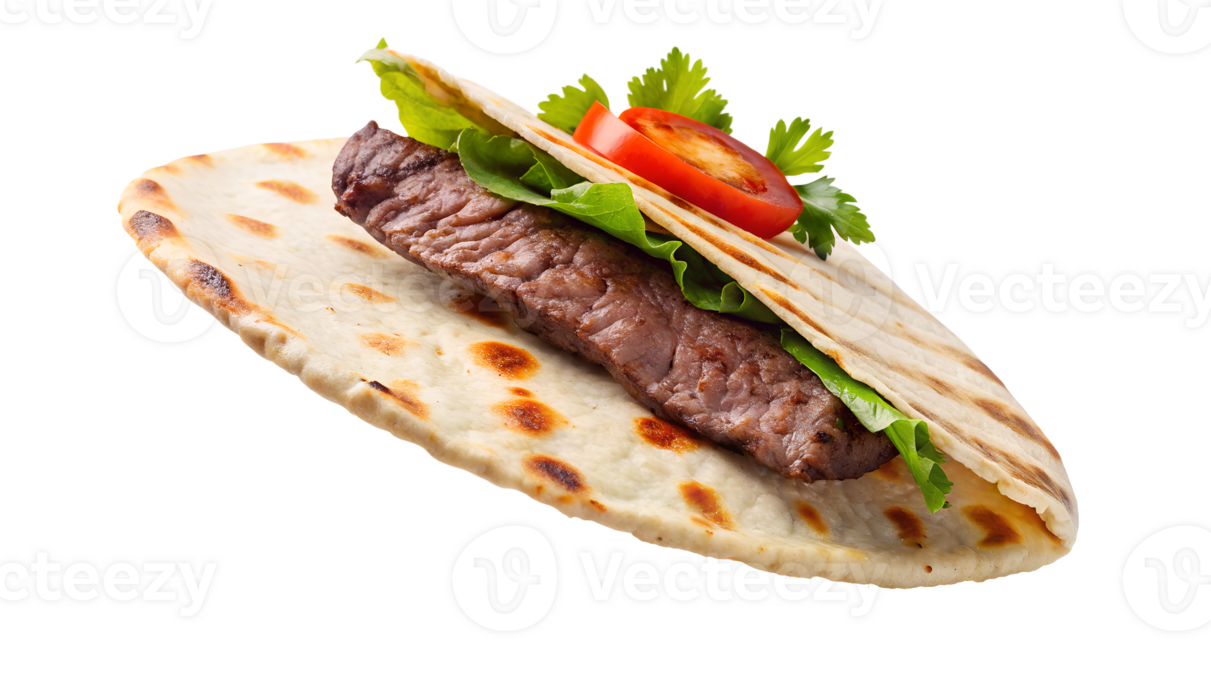 Delicious grilled meat wrap with fresh lettuce and tomato in flatbread. Perfect for a healthy and tasty meal option. png