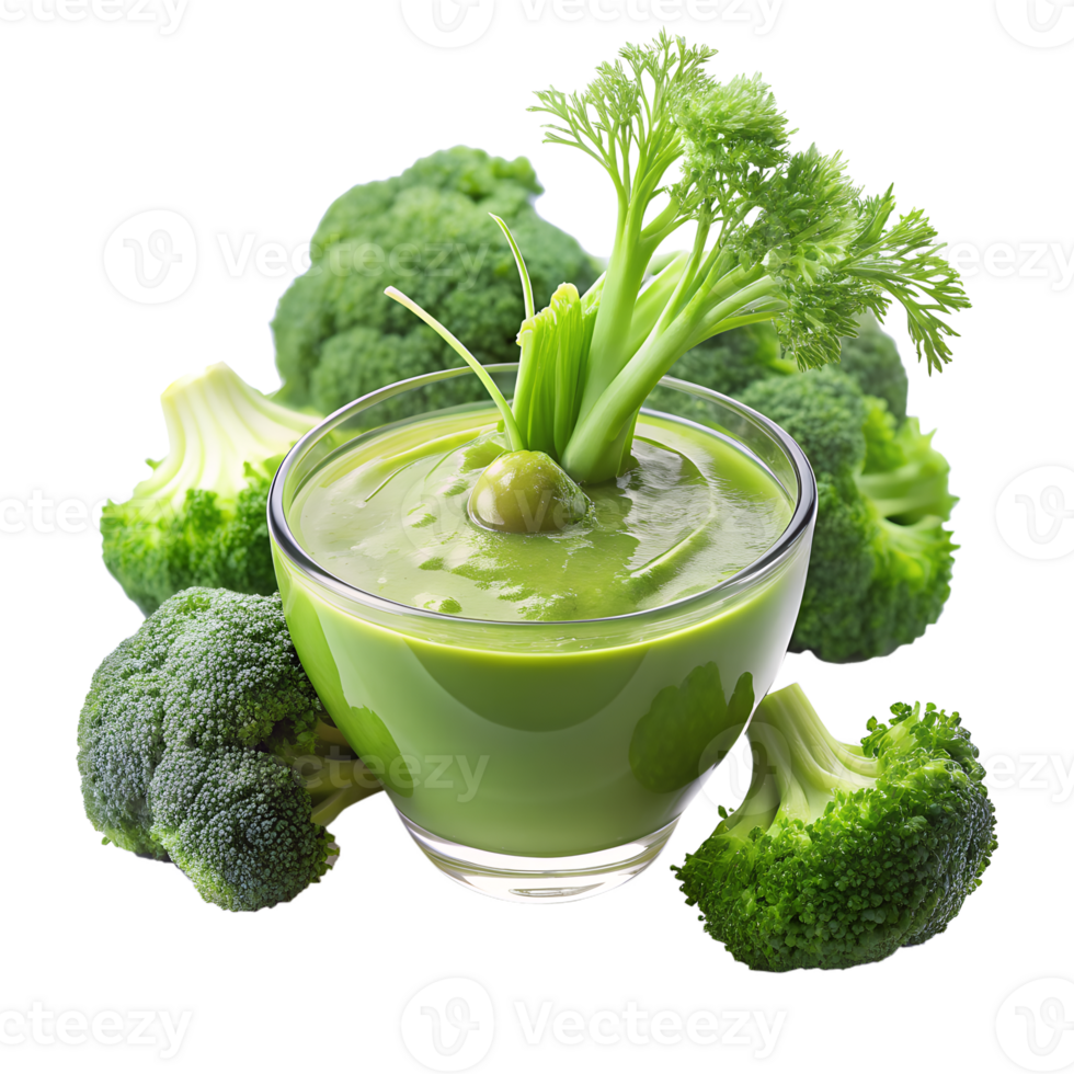 Fresh broccoli juice in a glass surrounded by broccoli florets, highlighting vibrant green health and nutrition. png
