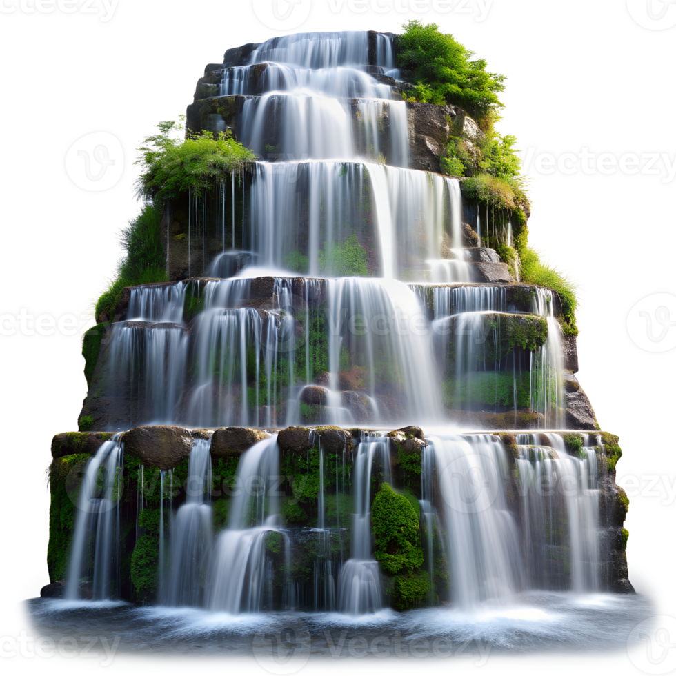 A stunning multi-tiered waterfall cascades over moss-covered rocks, creating a serene and picturesque nature scene. png