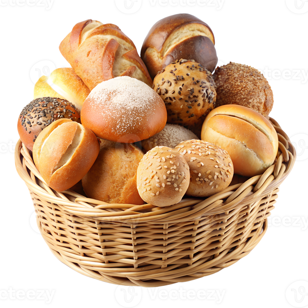 Basket filled with a variety of fresh bread rolls, including seeded, plain, and dusted with flour. Perfect for bakery or breakfast themes. png