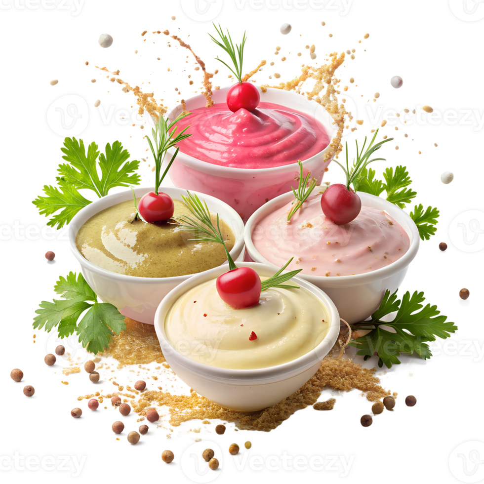 Assorted colorful gourmet sauces in bowls with fresh herbs and spices, perfect for culinary presentations and food art. png