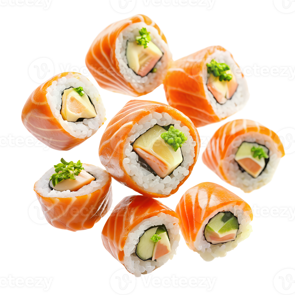 Assorted sushi rolls with fresh salmon, avocado, cucumber, and rice, garnished with wasabi and green herbs on white background. png