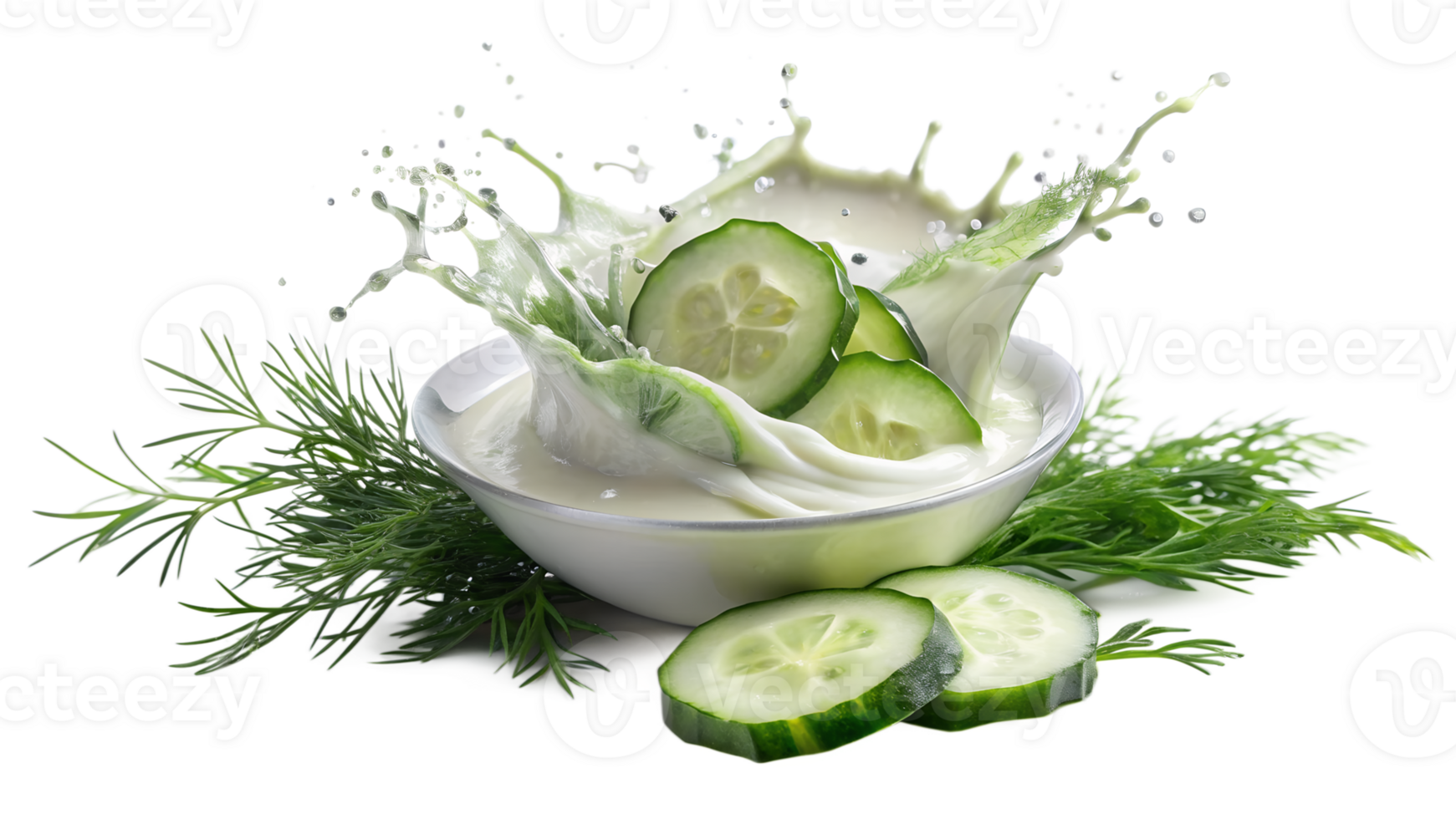 Fresh cucumber slices with dill in a splash of creamy yogurt, highlighting healthy and refreshing ingredients in a white bowl. png