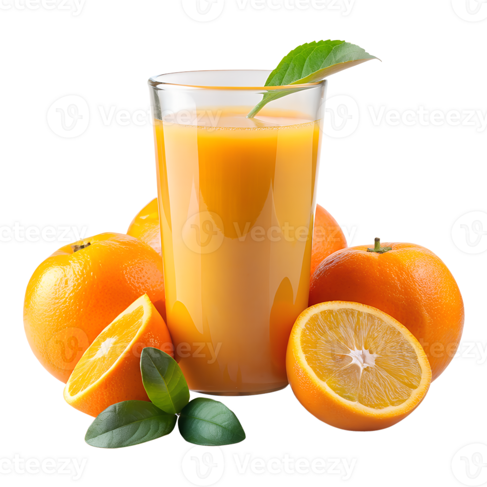 Fresh orange juice in a glass surrounded by whole and sliced oranges with green leaves, representing a healthy and refreshing drink. png