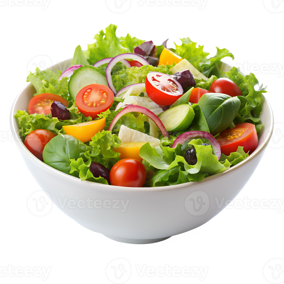 Fresh mixed salad with lettuce, tomatoes, cucumbers, bell peppers, and onions in a white bowl. Perfect for healthy eating and vegetarian diet. png