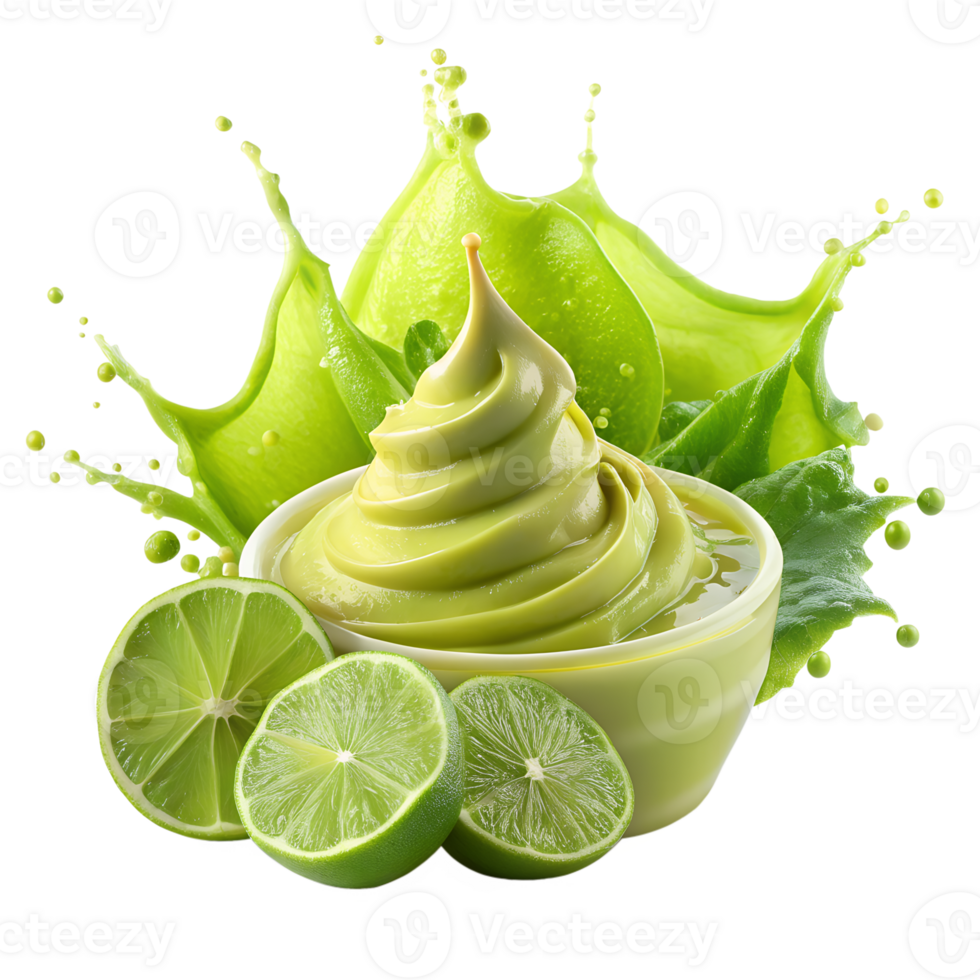 Fresh, creamy green yogurt swirled with lime flavor, surrounded by juicy lime slices and vibrant green splash, isolated on white. png
