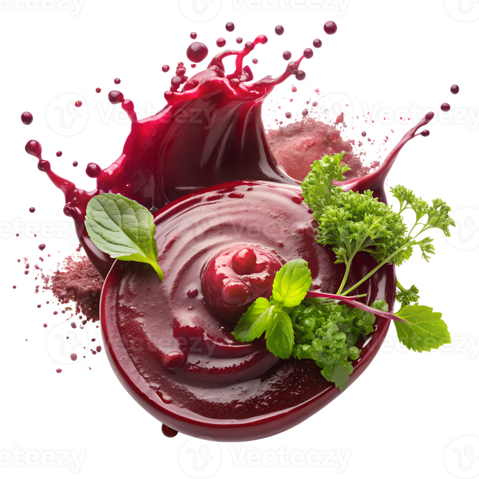Vibrant beetroot smoothie splash with fresh herbs. Perfect for healthy eating concepts, recipe illustrations, and food photography. png