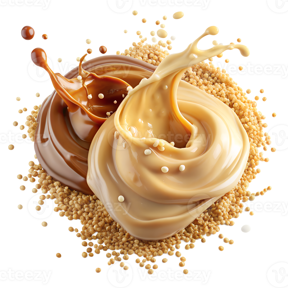 Swirls of caramel and cream blend beautifully atop a bed of golden grains, capturing the essence of dessert delight. png
