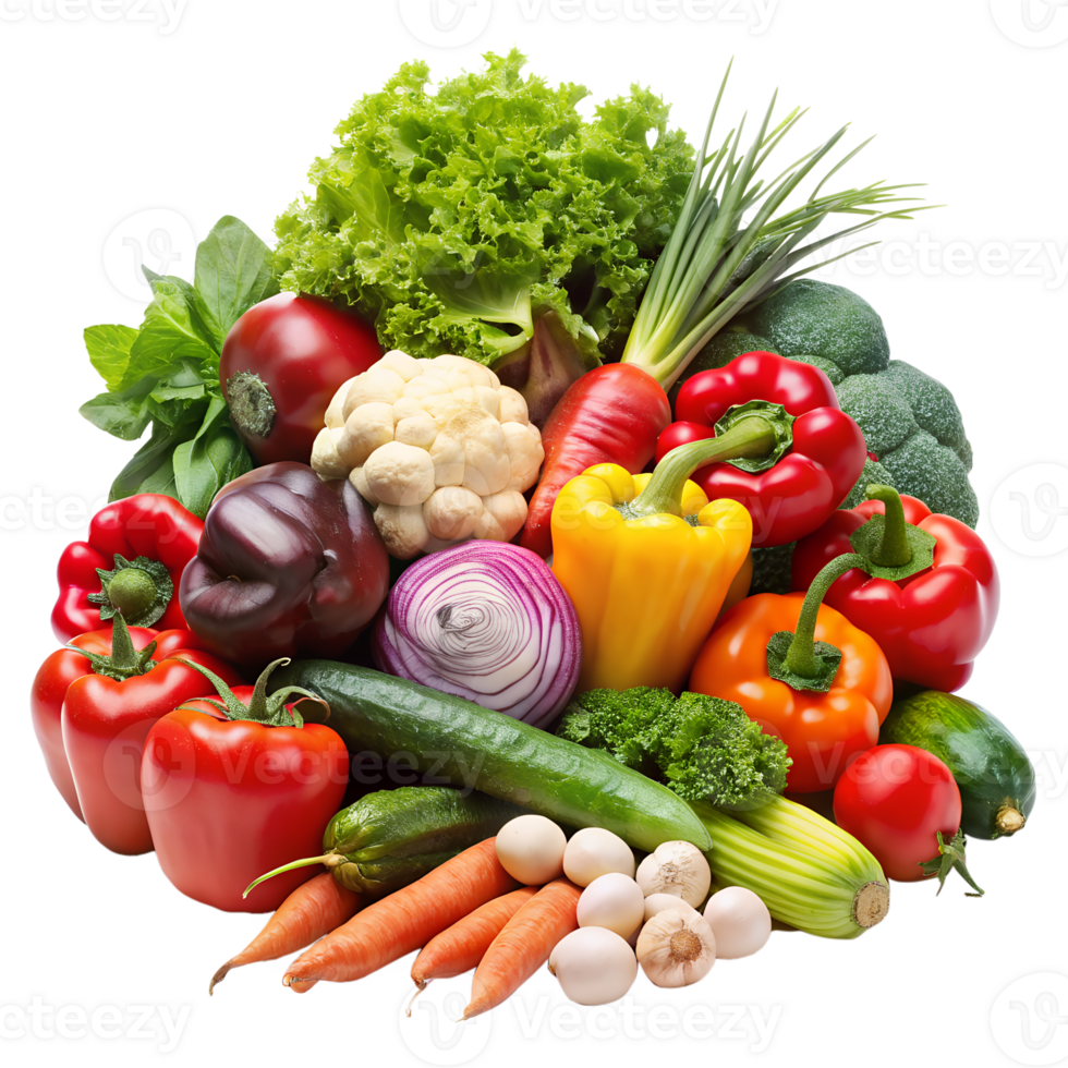 Fresh organic vegetables including bell peppers, carrots, lettuce, broccoli, cauliflower, and onions, isolated on a white background. png