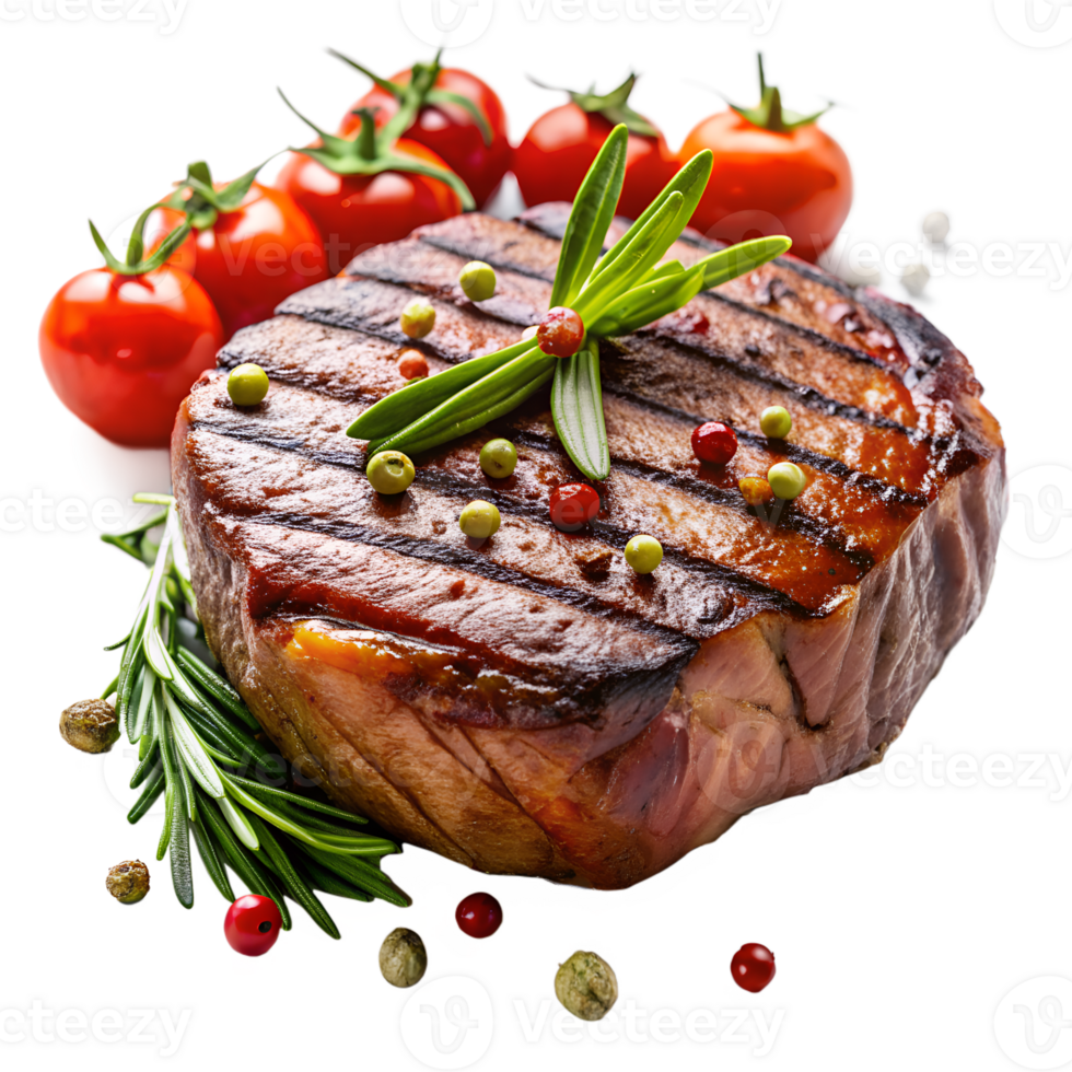 Grilled steak garnished with herbs, fresh cherry tomatoes, and colorful peppercorns. Perfect for culinary and food photography. png