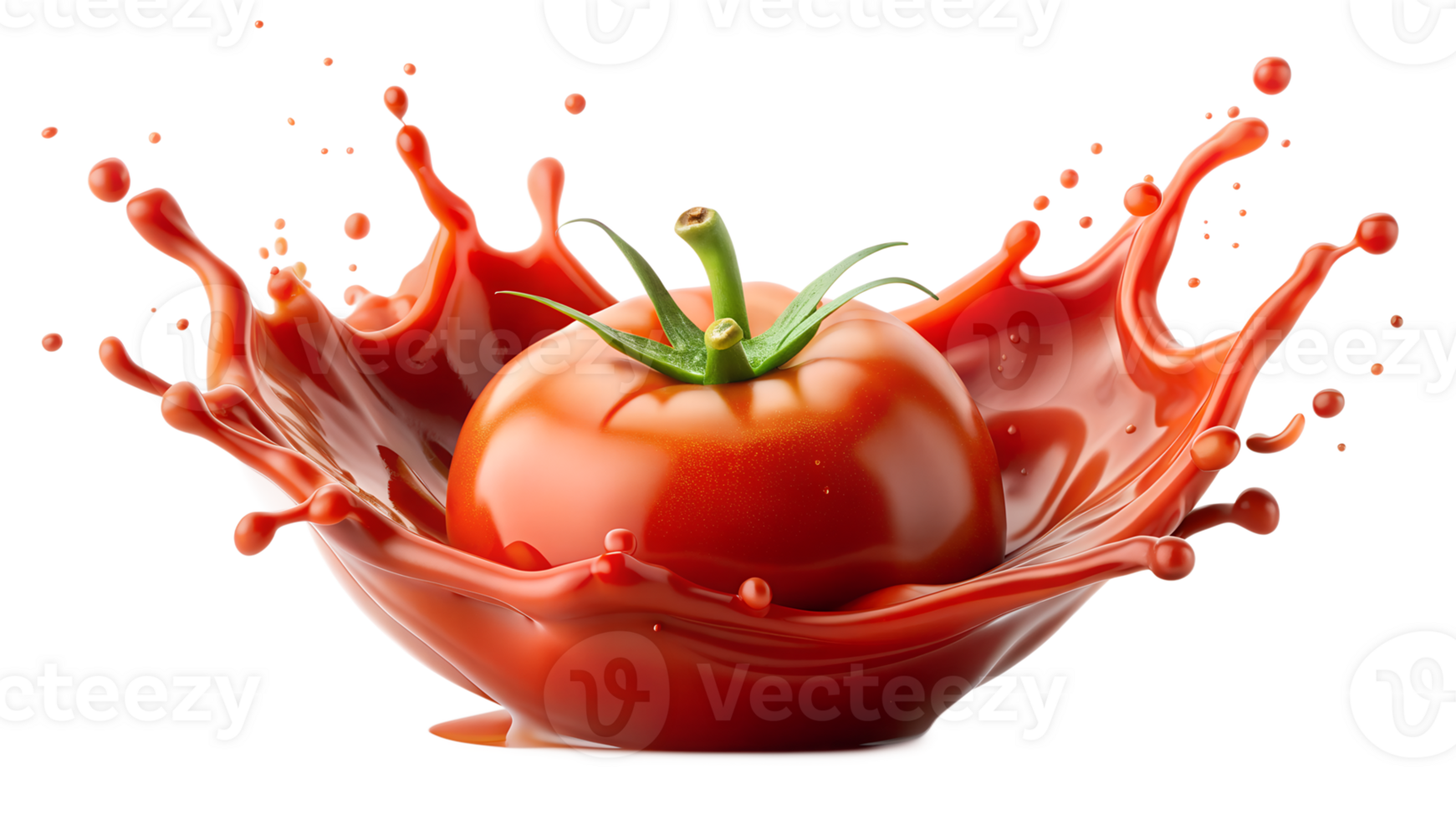 Vibrant ripe tomato splashes into bright red sauce, capturing a dynamic moment of freshness and flavor explosion. png