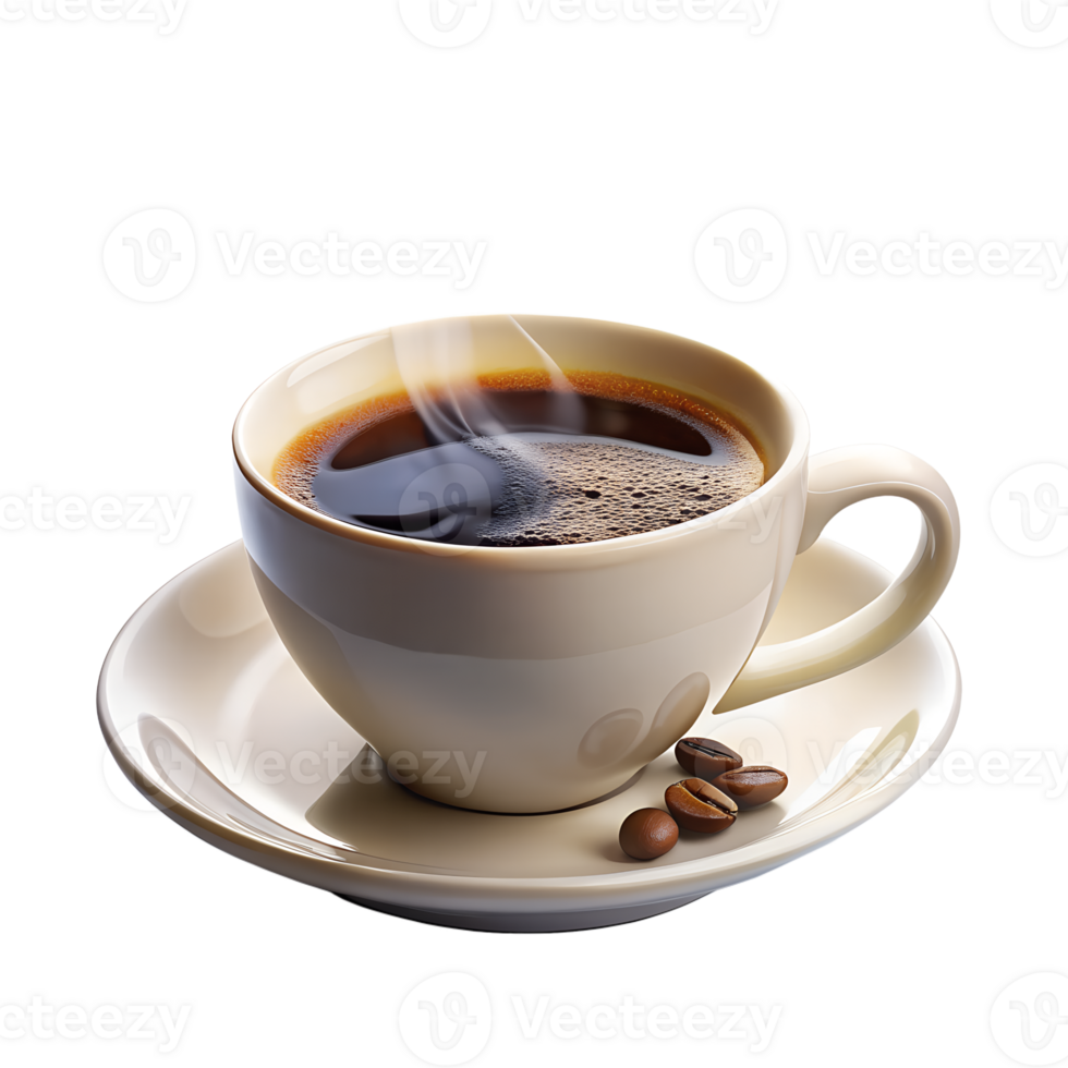 Hot cup of steaming coffee with coffee beans on a white saucer, captured in a cozy kitchen setting. png