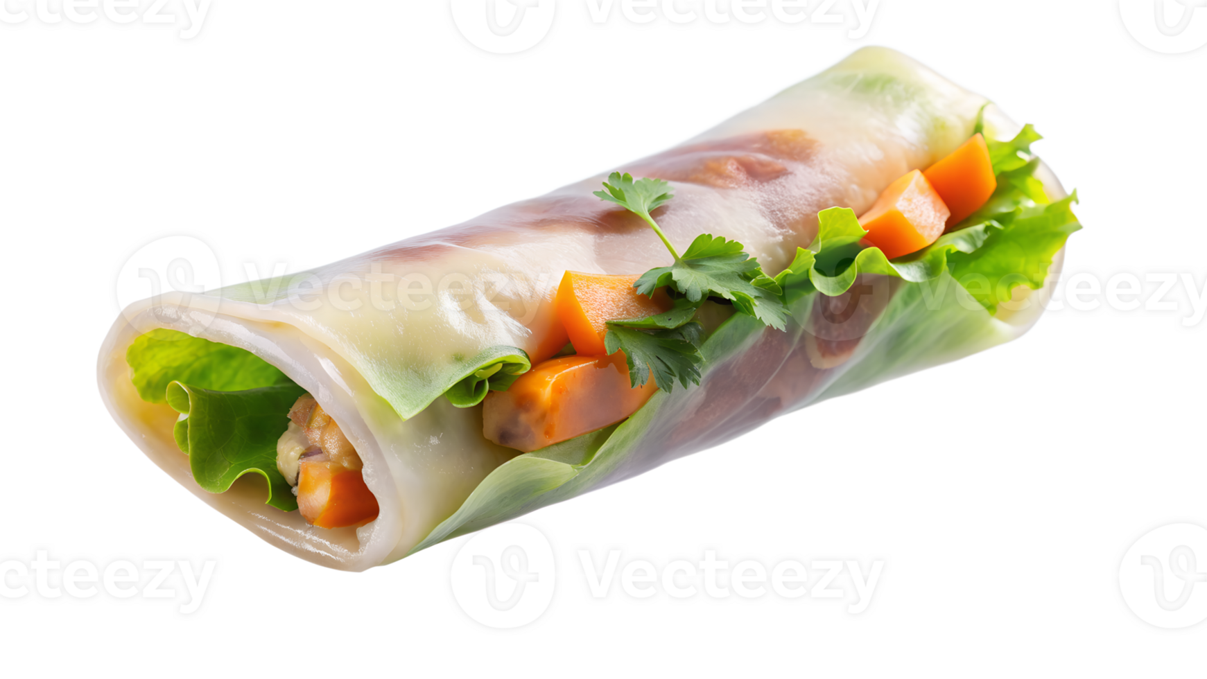 Fresh Vietnamese spring roll with shrimp, cucumber, carrot, and cilantro, wrapped in rice paper and isolated on white background. png