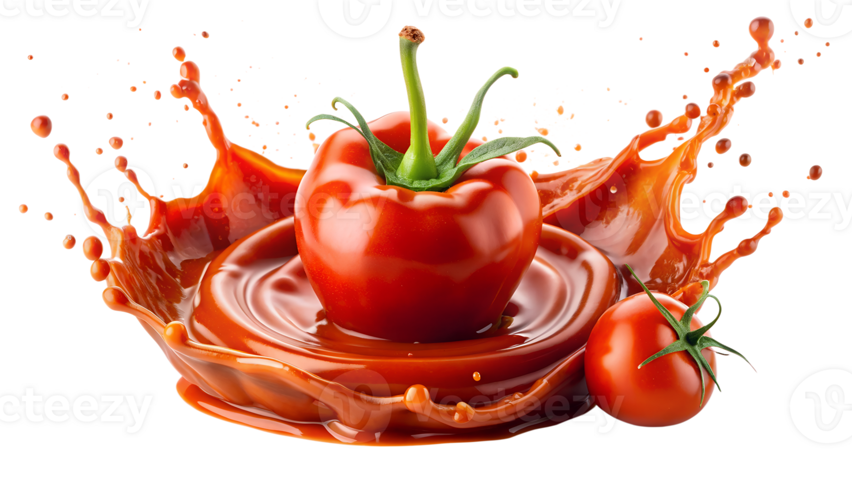 Fresh tomato splashing into tomato sauce, showcasing vibrant colors and freshness, perfect for culinary and cooking themes. png