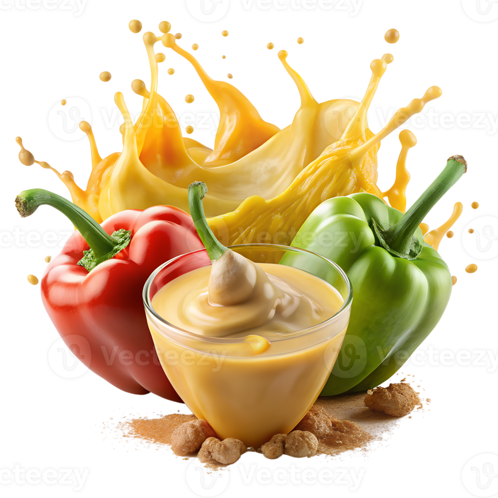 Vibrant image of red and green bell peppers with a splash of mustard and a glass of mustard sauce, creating a colorful and tasty presentation. png