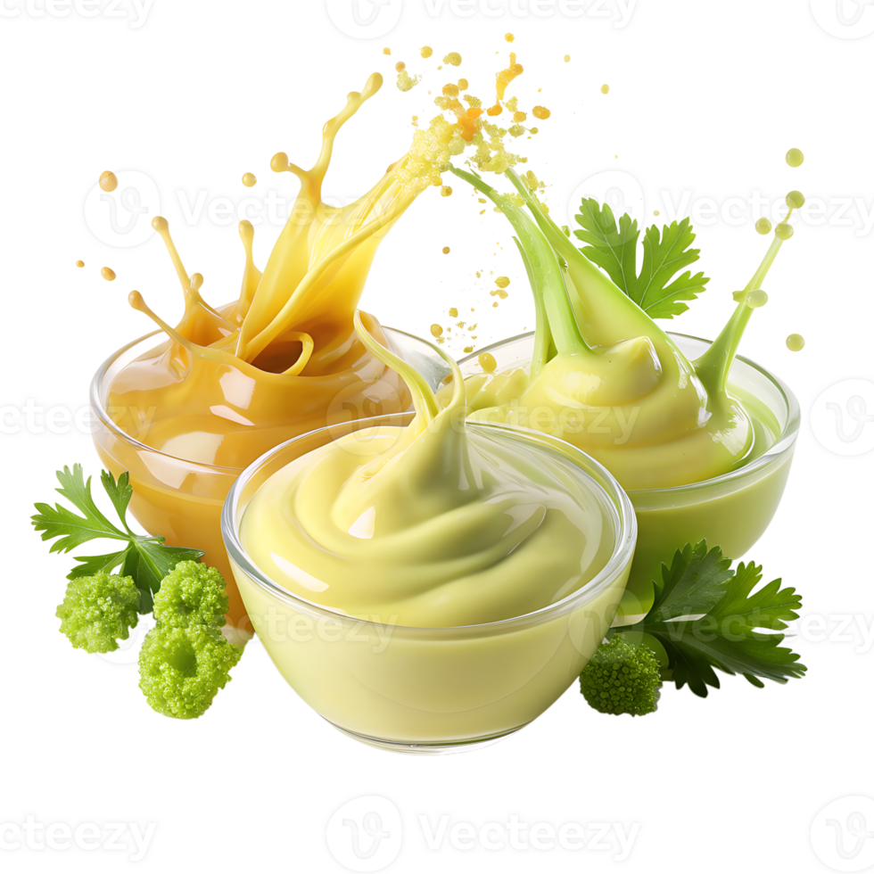 Variety of sauces in glass bowls with fresh herbs. Vibrant splashes of flavors and colors showcasing culinary creativity. png