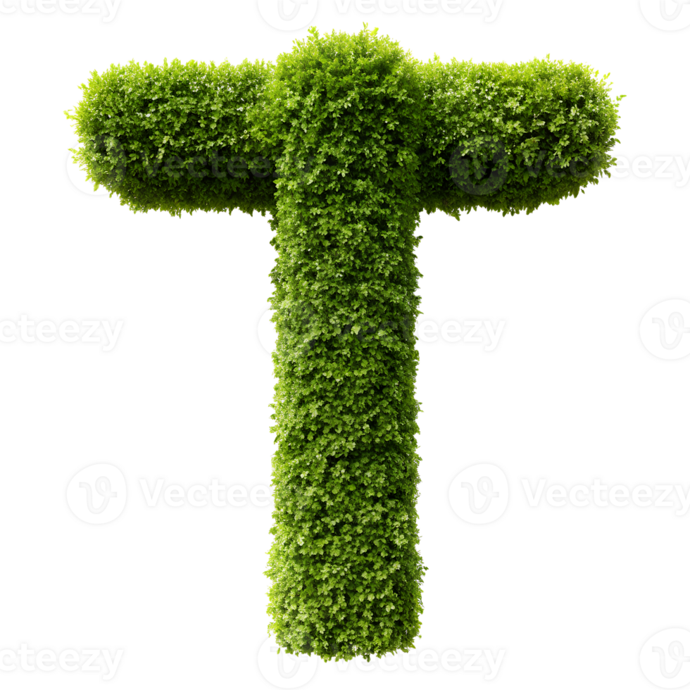 Lush green letter T made of shrubs, isolated on white background. Nature-themed typography, eco-friendly design, fresh garden concept. png