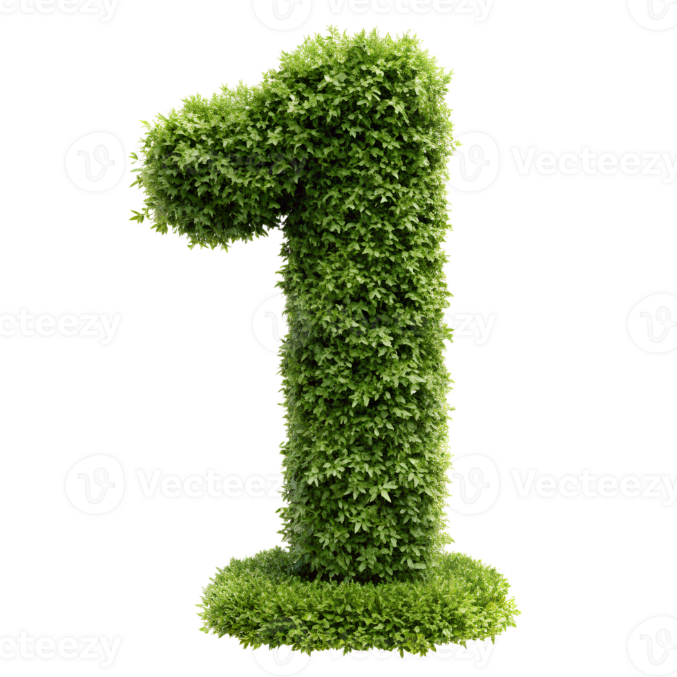 Green leafy number one, eco-friendly symbol made of lush foliage, representing nature and sustainability, isolated on a white background. png