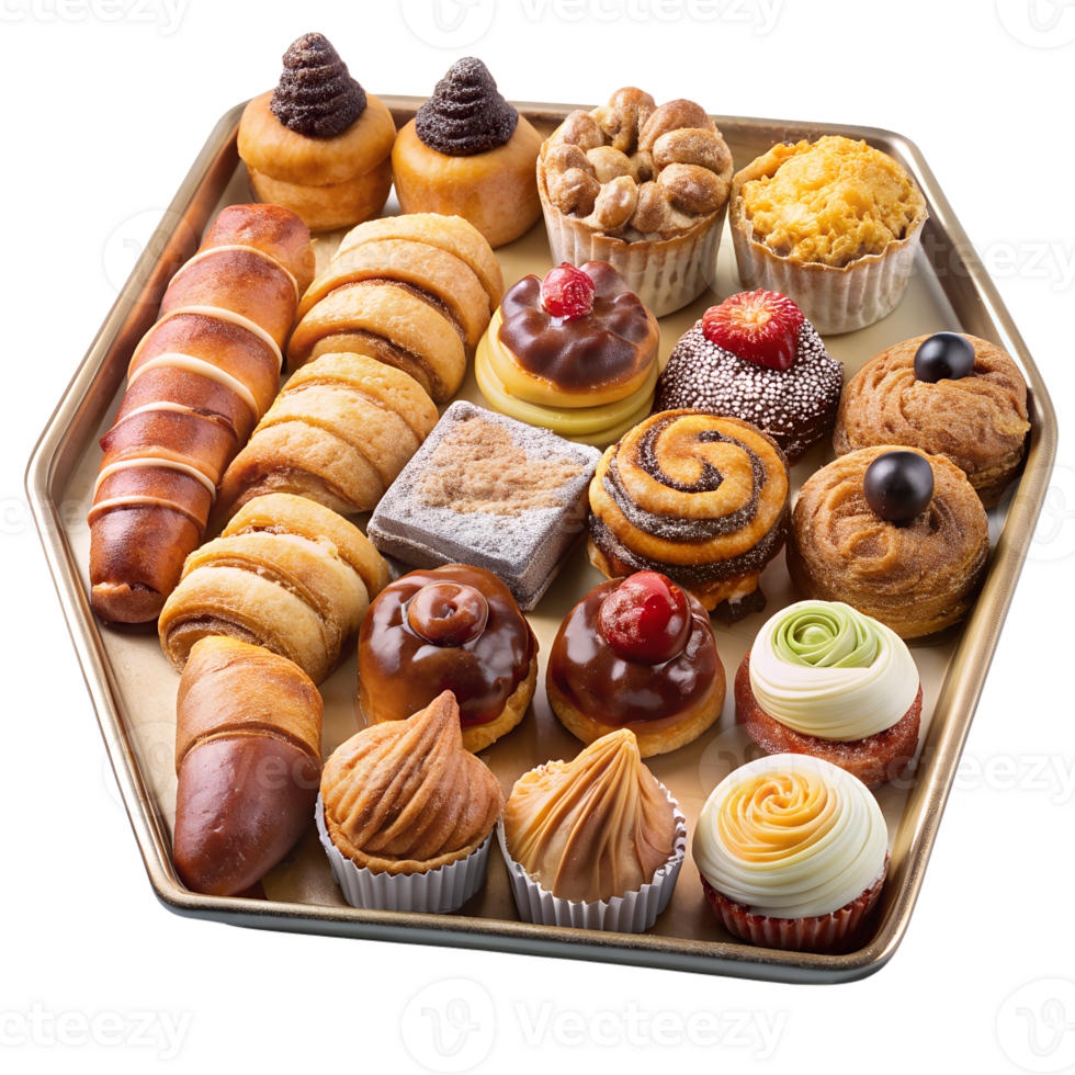Hexagonal tray filled with assorted delicious pastries, breads, and confectioneries, displayed attractively for a perfect dessert spread. png