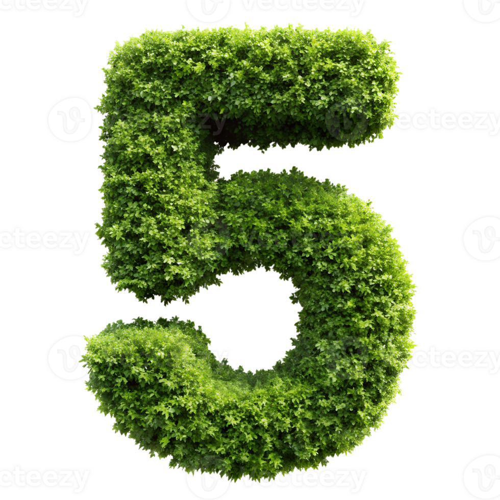 Green leafy number five isolated on white background, representing nature, environment, and sustainability concepts. png