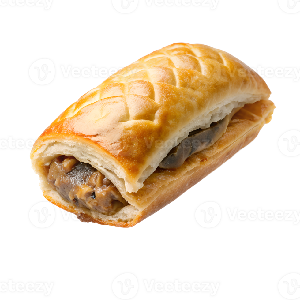 Freshly baked meat pastry with golden brown crust, filled with savory filling, isolated on white background, delicious treat. png