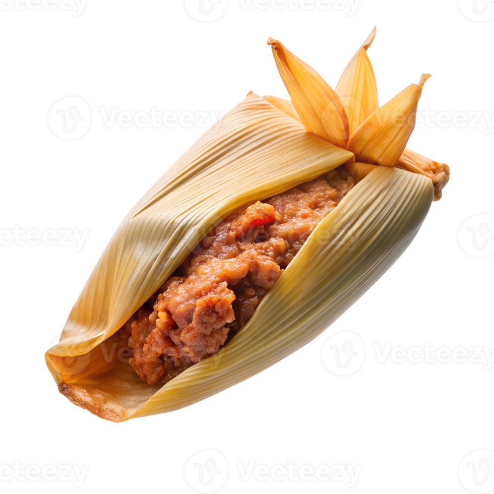 Traditional Mexican tamale with pork filling wrapped in corn husk, isolated on white background. Authentic Latin American cuisine. png