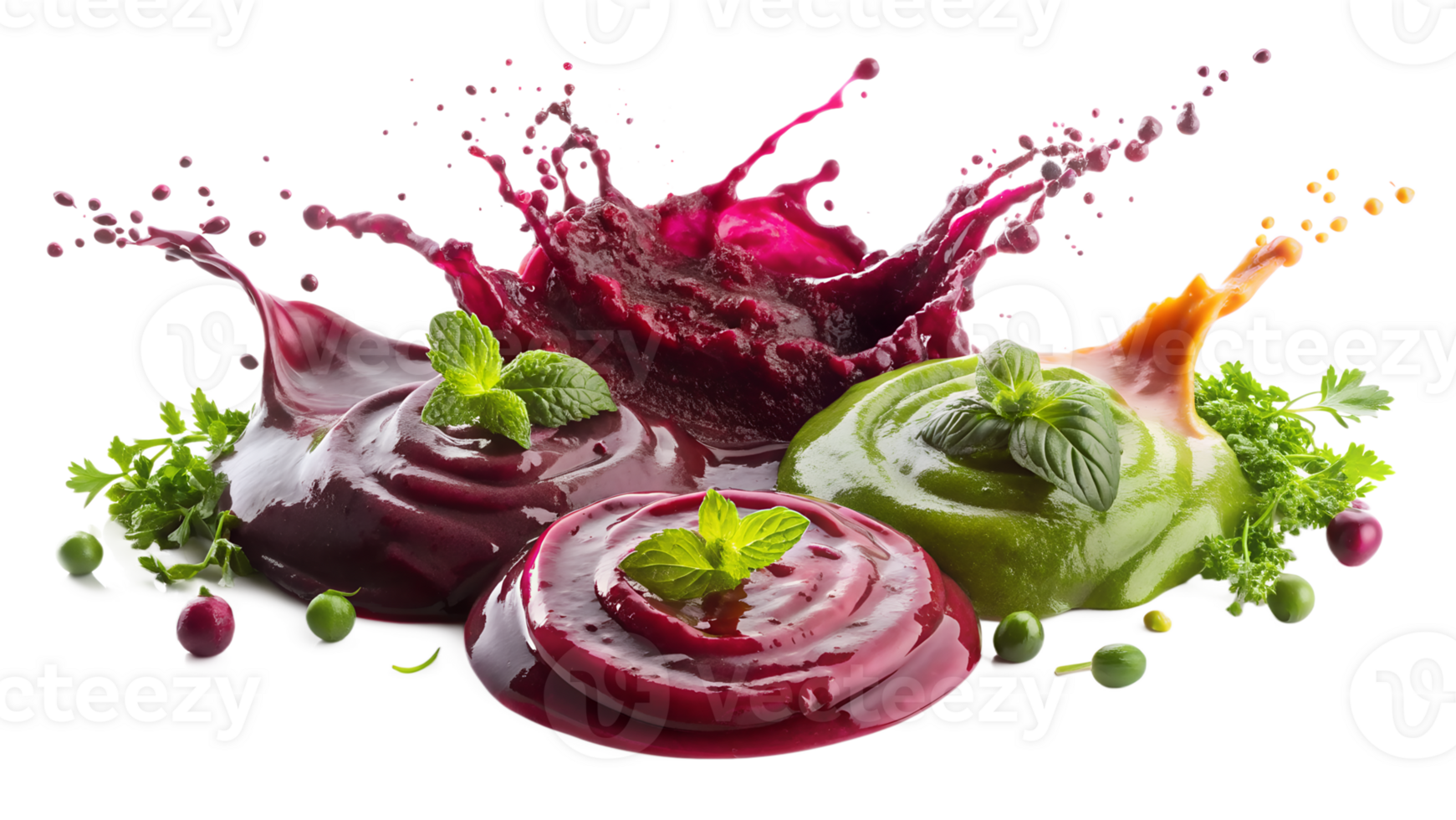 Vibrant and colorful splashing sauces with fresh herbs, showcasing a variety of flavors and ingredients, perfect for culinary and food-related use. png