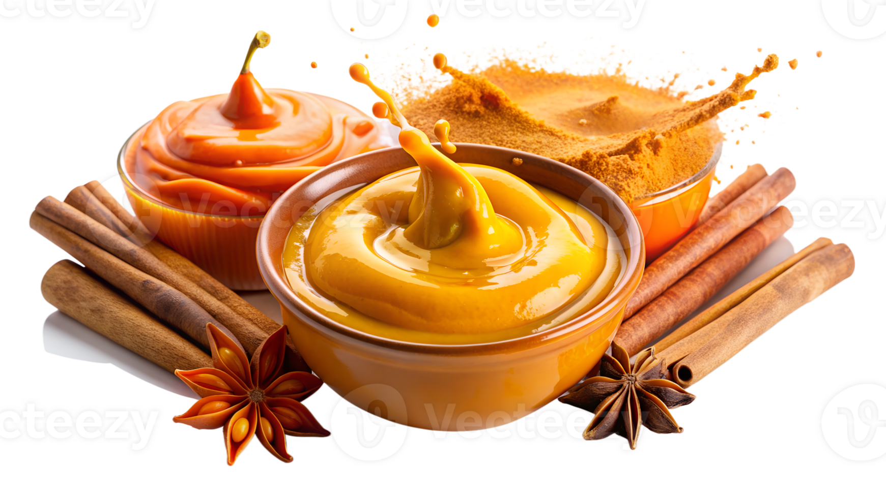 Three bowls with various types of mustard surrounded by cinnamon sticks and star anise on a white background. png