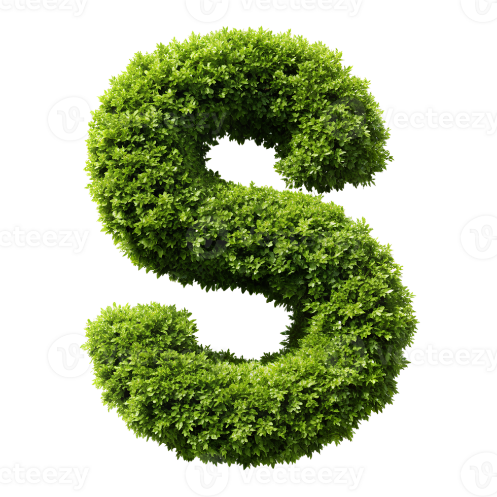 Green leafy letter S isolated on white background, eco-friendly alphabet symbol, lush foliage typography, nature font design. png