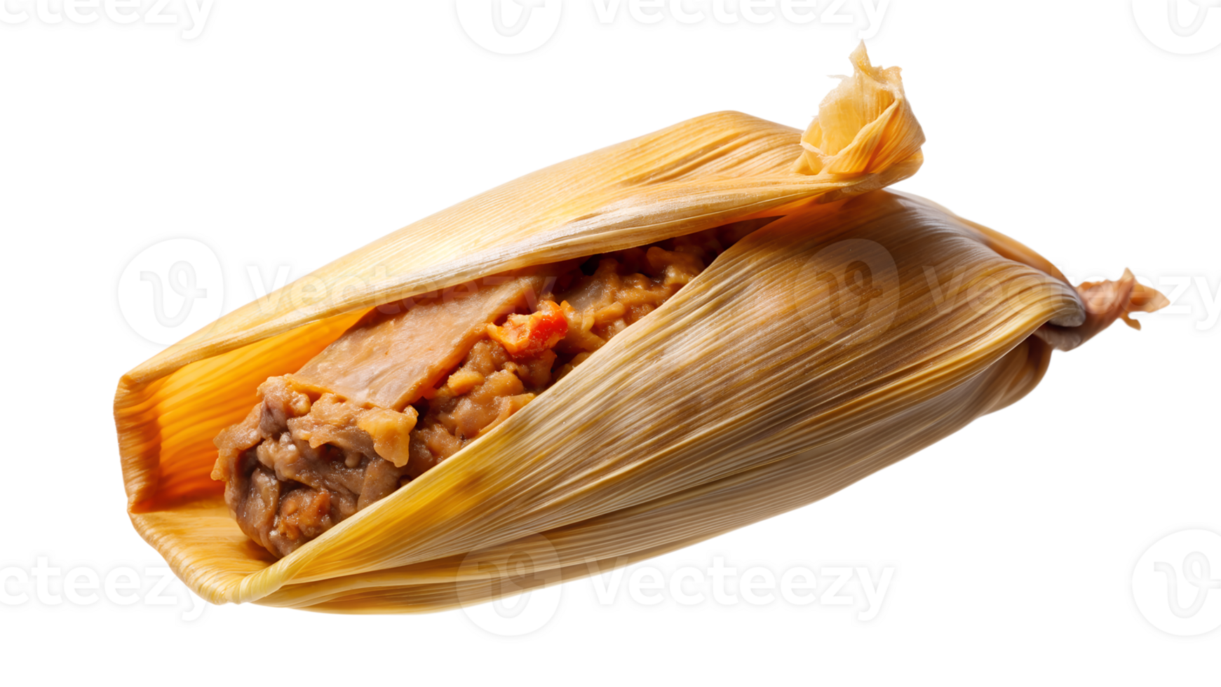Steamed tamale with filling, wrapped in corn husk, isolated on white background. Traditional Mexican cuisine, authentic and delicious delight. png