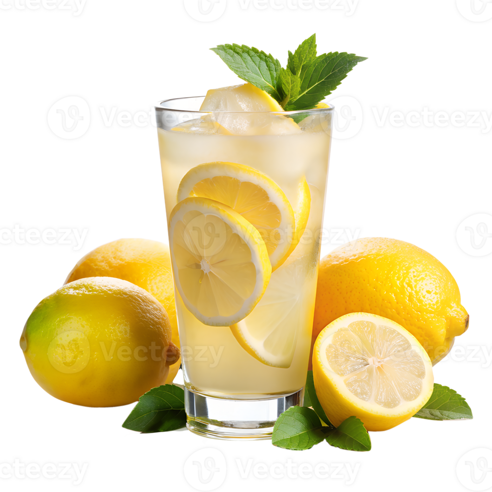 Refreshing glass of iced lemonade with fresh lemon slices and mint leaves, surrounded by whole and halved lemons. png