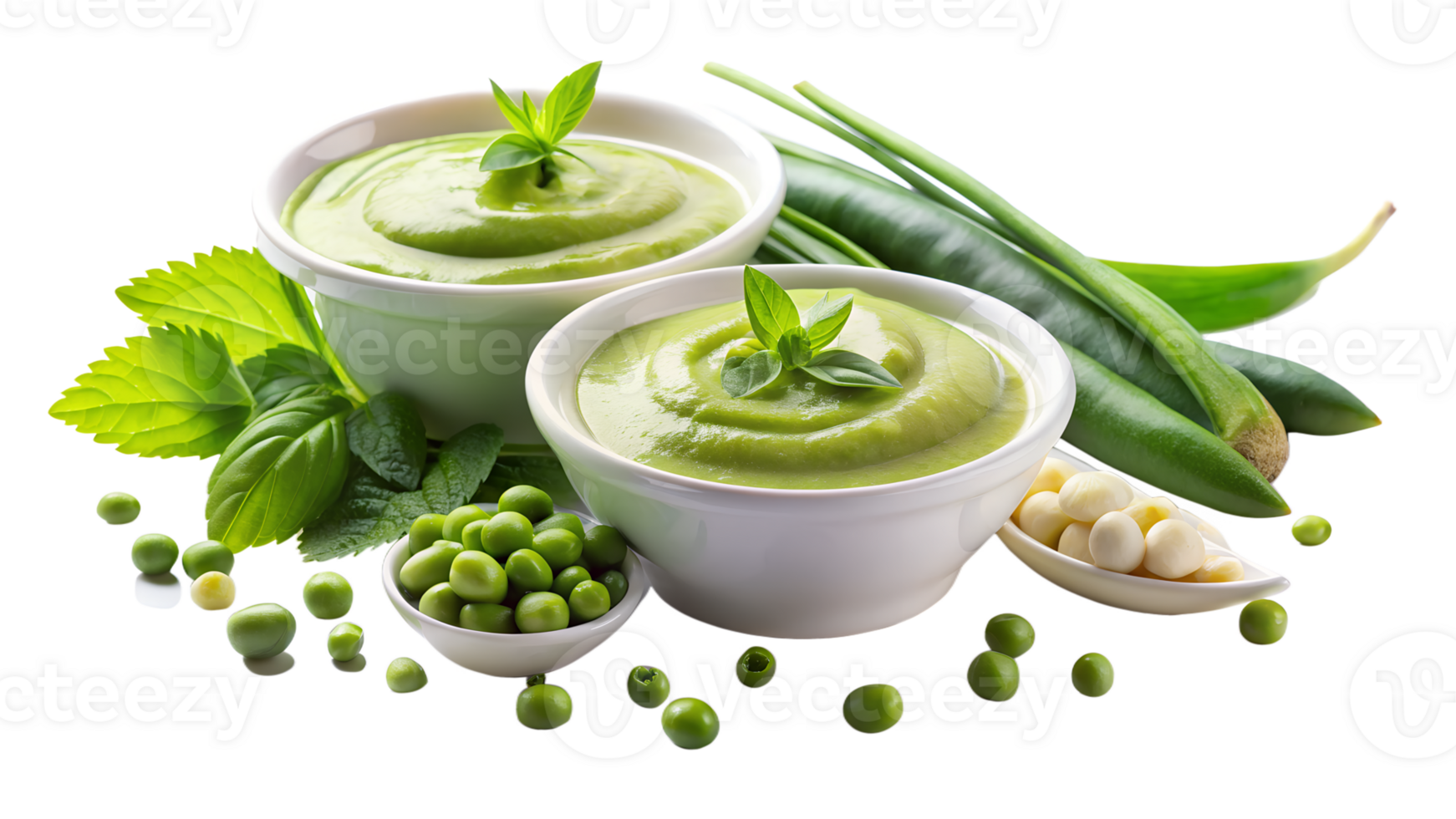Fresh green vegetable soup with peas, herbs, and garlic in white bowls, surrounded by ingredients on white background. png
