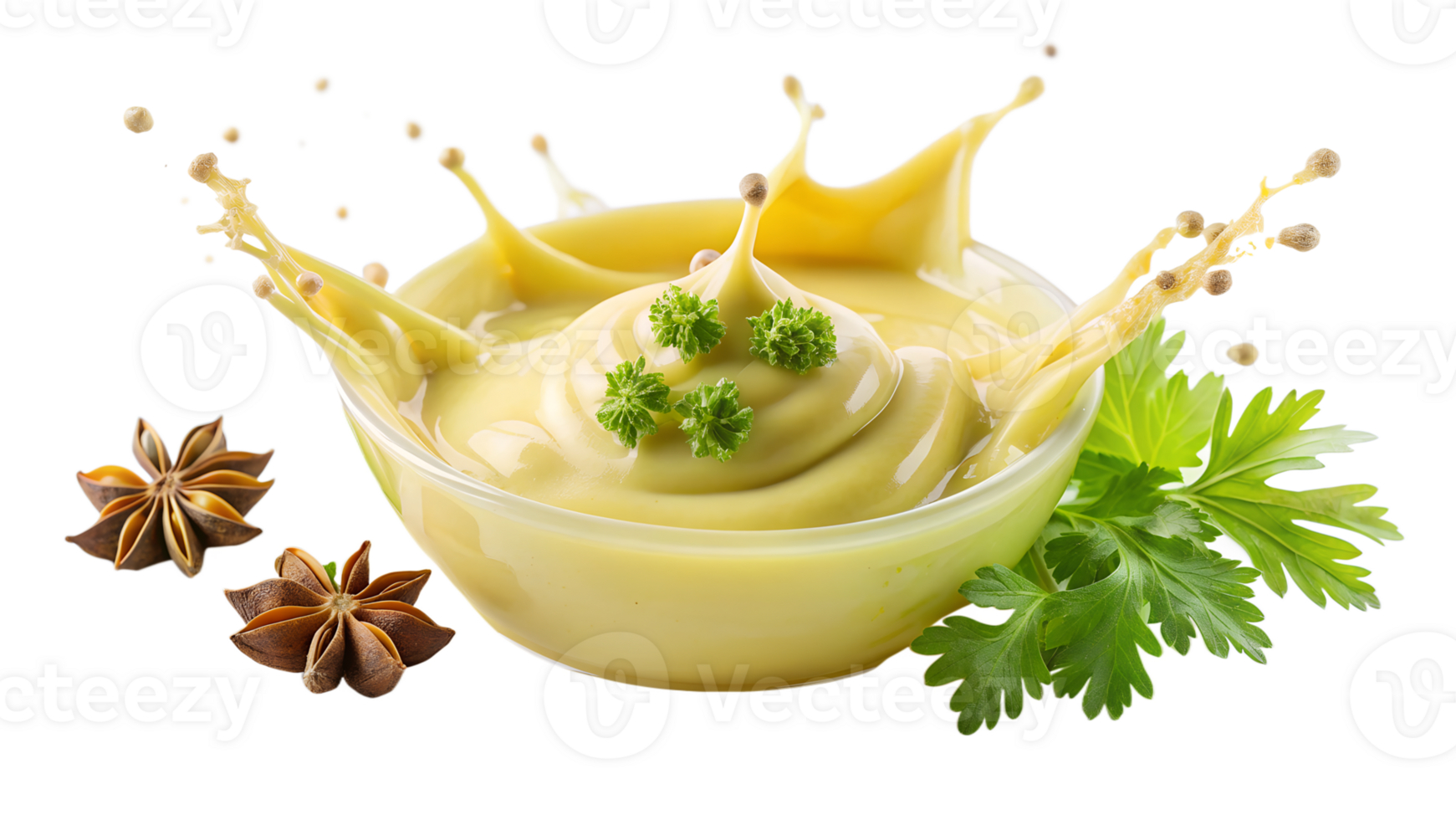 Fresh creamy sauce in a bowl surrounded by herbs and spices, perfect for culinary use and food presentations. png