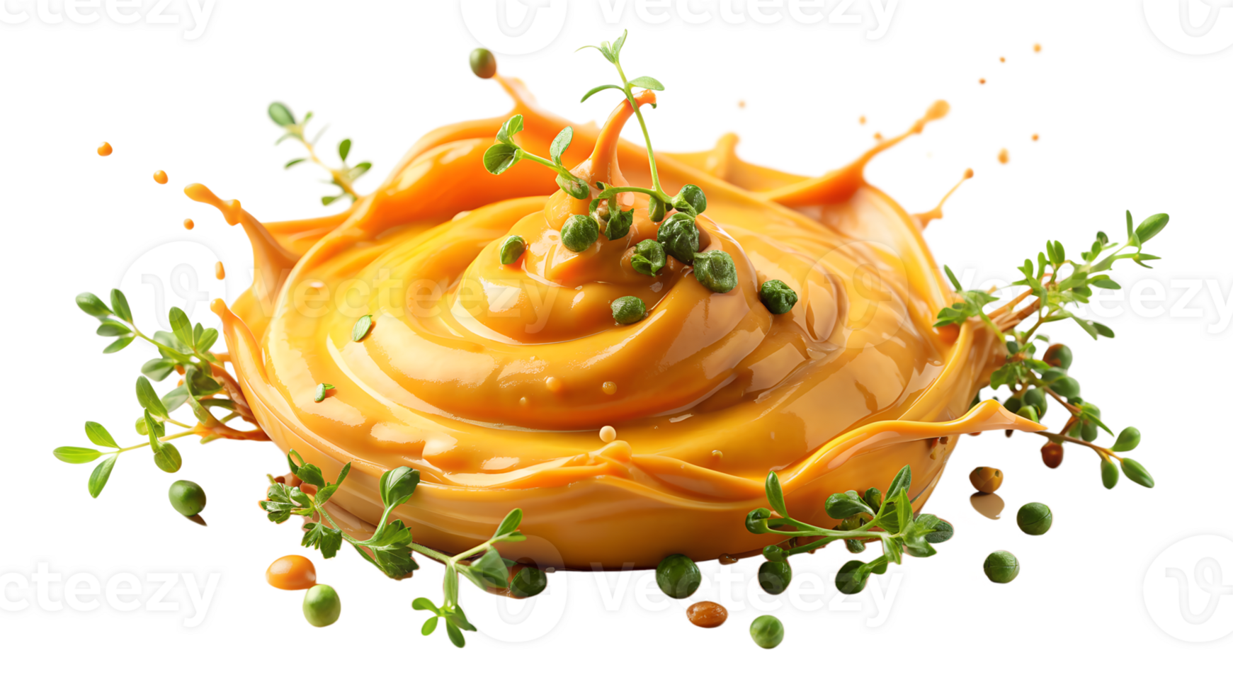 Fresh creamy sauce splash with herb and peas, isolated on white background. Vibrant and delicious culinary ingredient. png