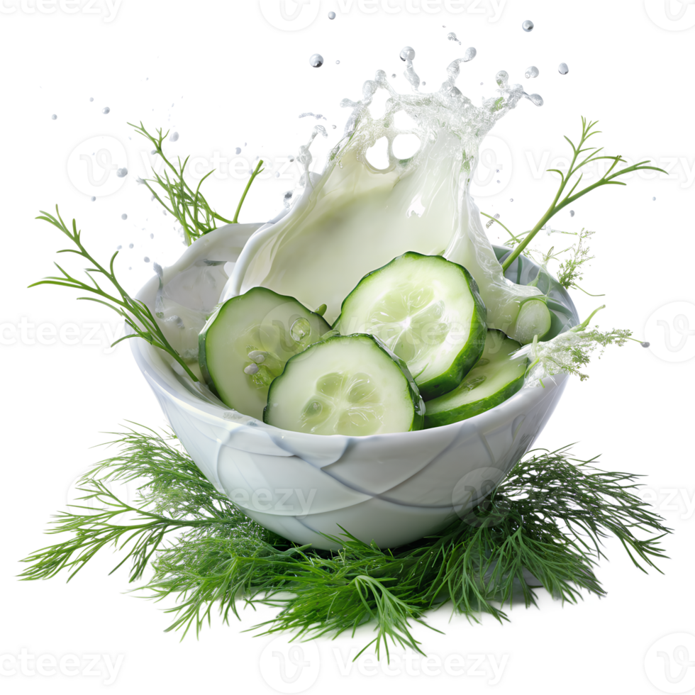 Fresh cucumber slices in a bowl with milk splash and dill garnish, highlighting healthy eating and nutritious ingredients. png