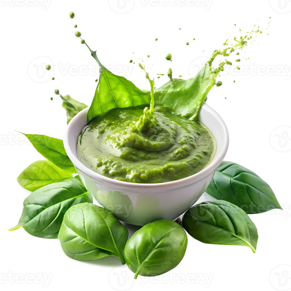 Fresh green pesto sauce in white bowl with basil leaves. Perfect for healthy recipes, Italian cuisine and natural food themes. png
