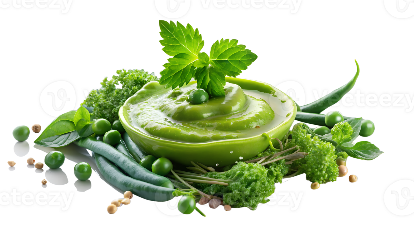 Fresh green sauce surrounded by garden vegetables and herbs, showcasing a healthy, natural, and vibrant culinary ingredient. png