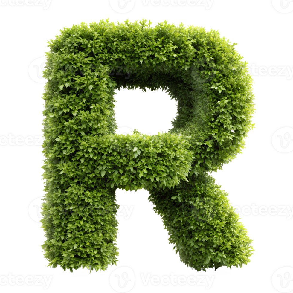 Green letter R made of dense, lush foliage, representing eco-friendly design, nature, and sustainability in a creative, artistic form. png
