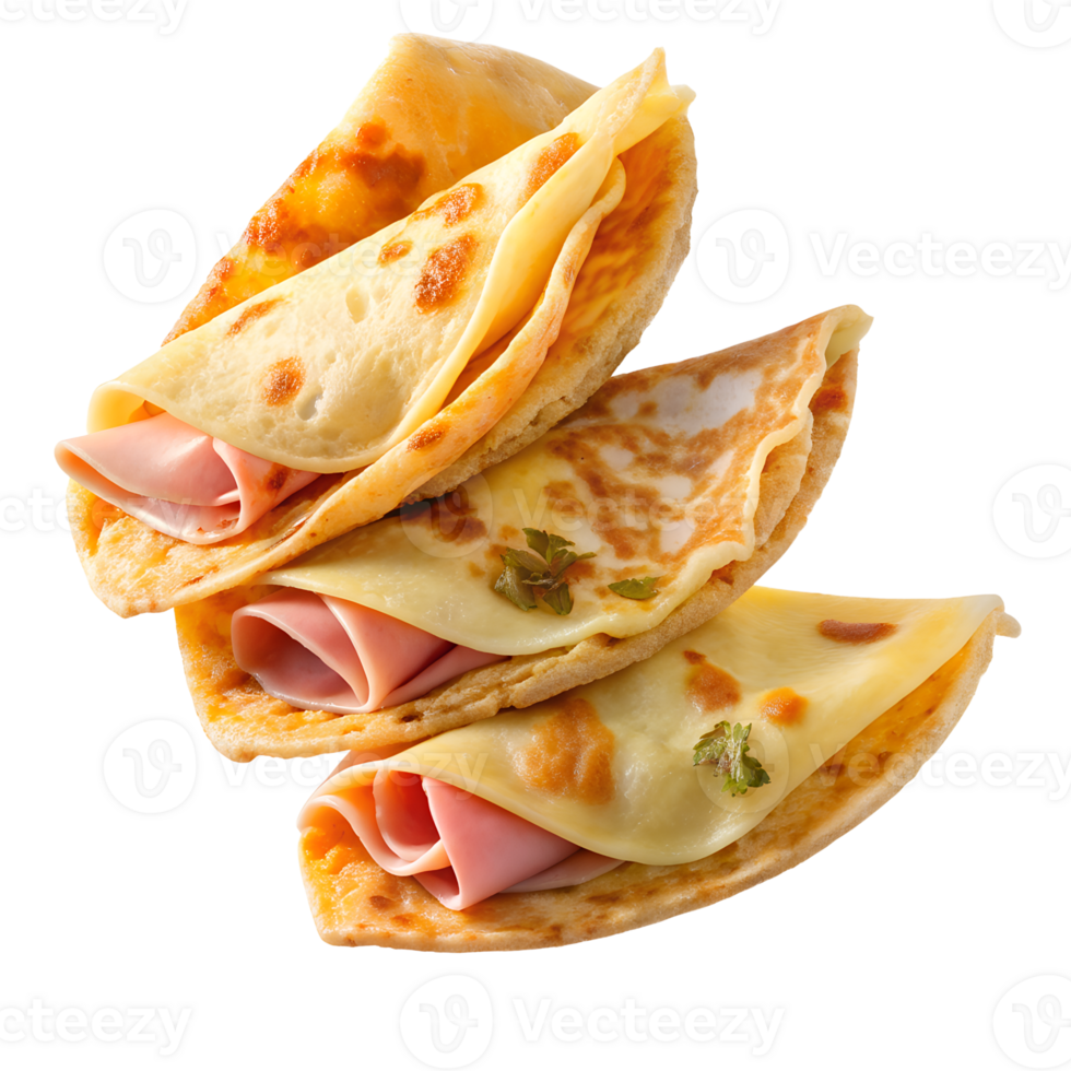 Three folded crepes filled with ham, showcasing a delicious combination of savory and soft textures perfect for a mouth-watering meal. png