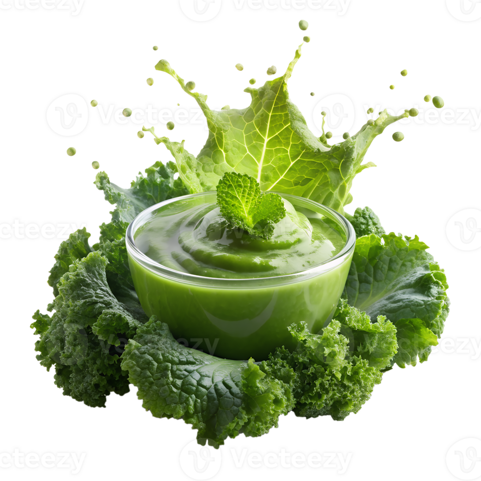 Fresh green vegetable smoothie with vibrant lettuce leaves and kale. Healthy detox drink rich in vitamins on white background. png