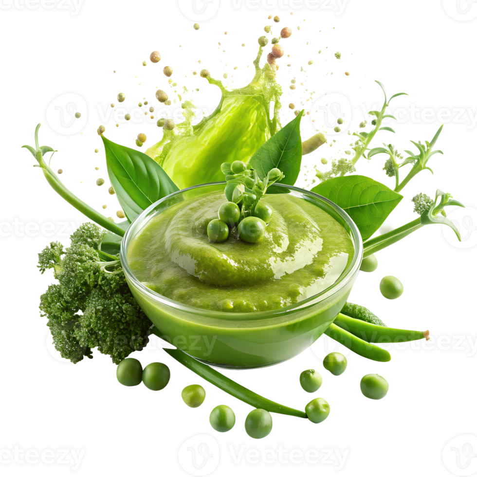 Fresh green vegetable puree in glass bowl surrounded by nutritious greens and vegetables, representing healthy and organic food concept. png